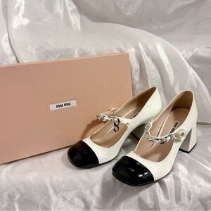 Miu Miu Patent Leather Mary Jane Pumps With Pearl Strap